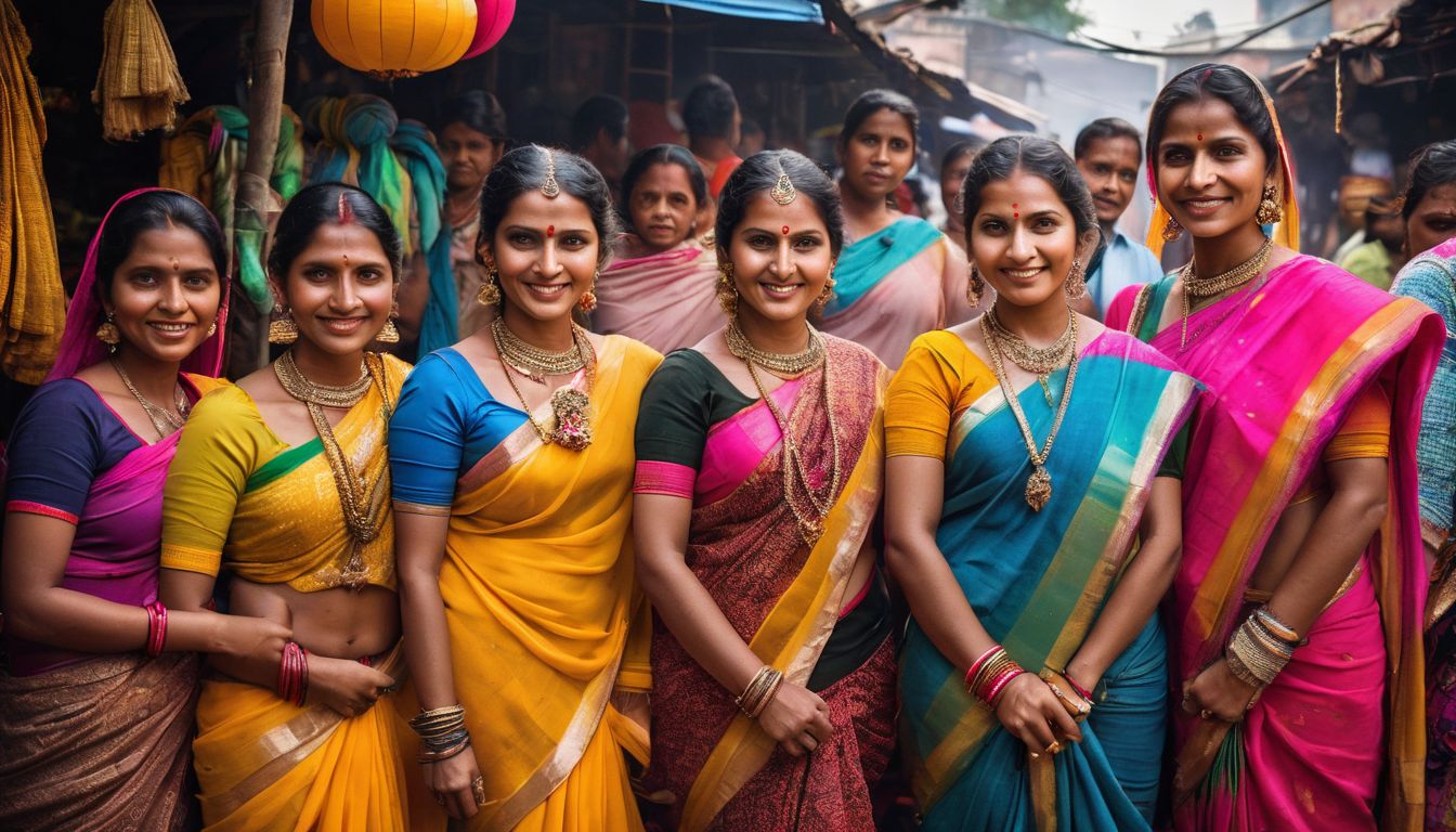 A group of women wearing colorful traditional sarees posing in front of a market in Bangladesh.