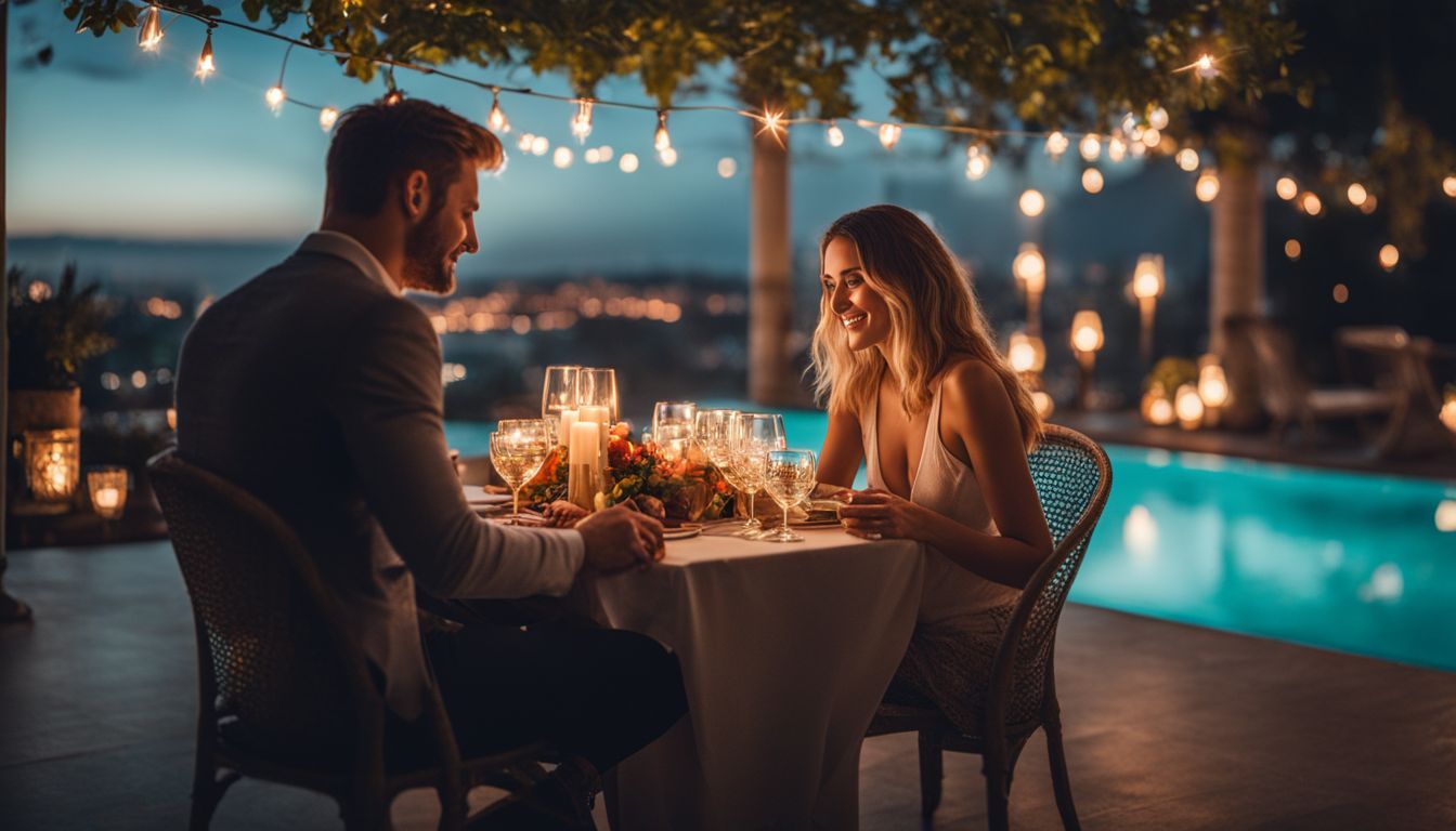 A couple enjoys a romantic candlelit dinner by the pool in a bustling cityscape.