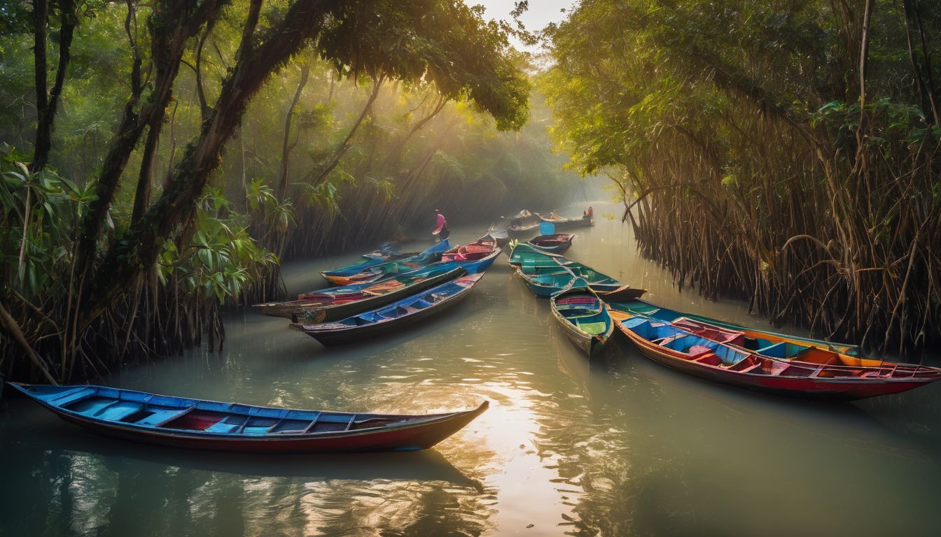 A vibrant group of boats float peacefully in the beautiful Sundarbans mangrove forest.