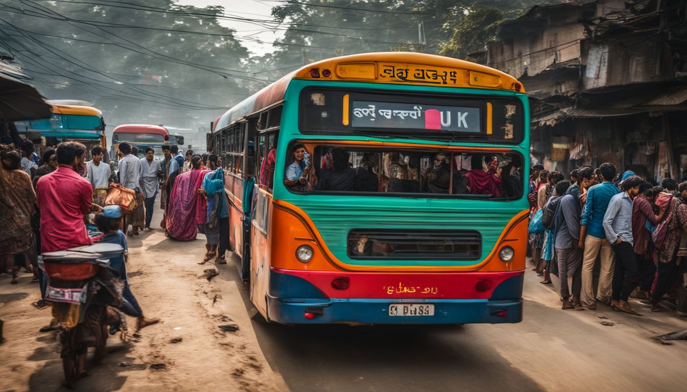 A vibrant scene of people boarding a colorful local bus in Dhaka captured in crystal clear detail.