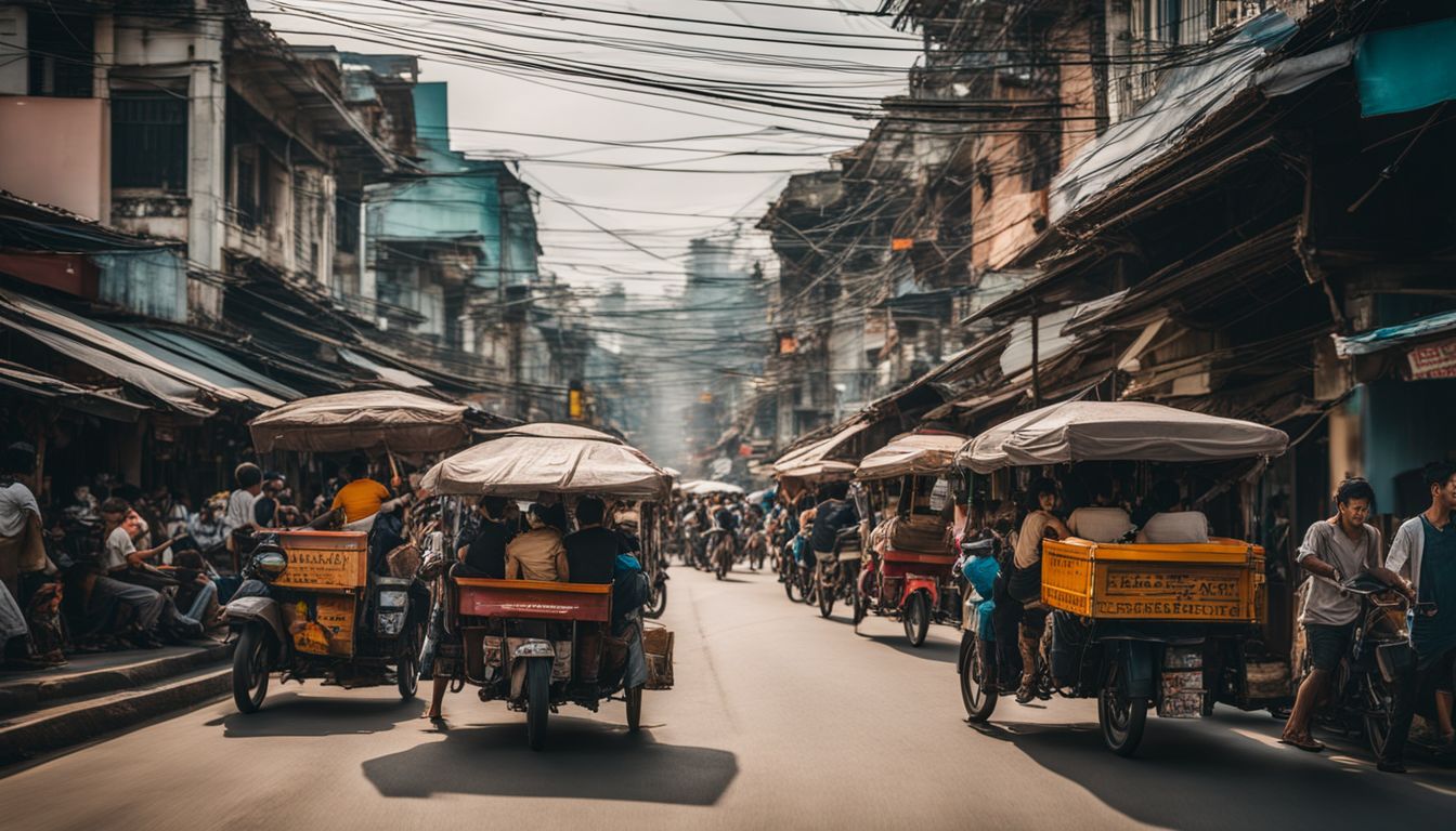 A busy street in Thailand with three-wheeler transports, diverse people, and a bustling atmosphere.