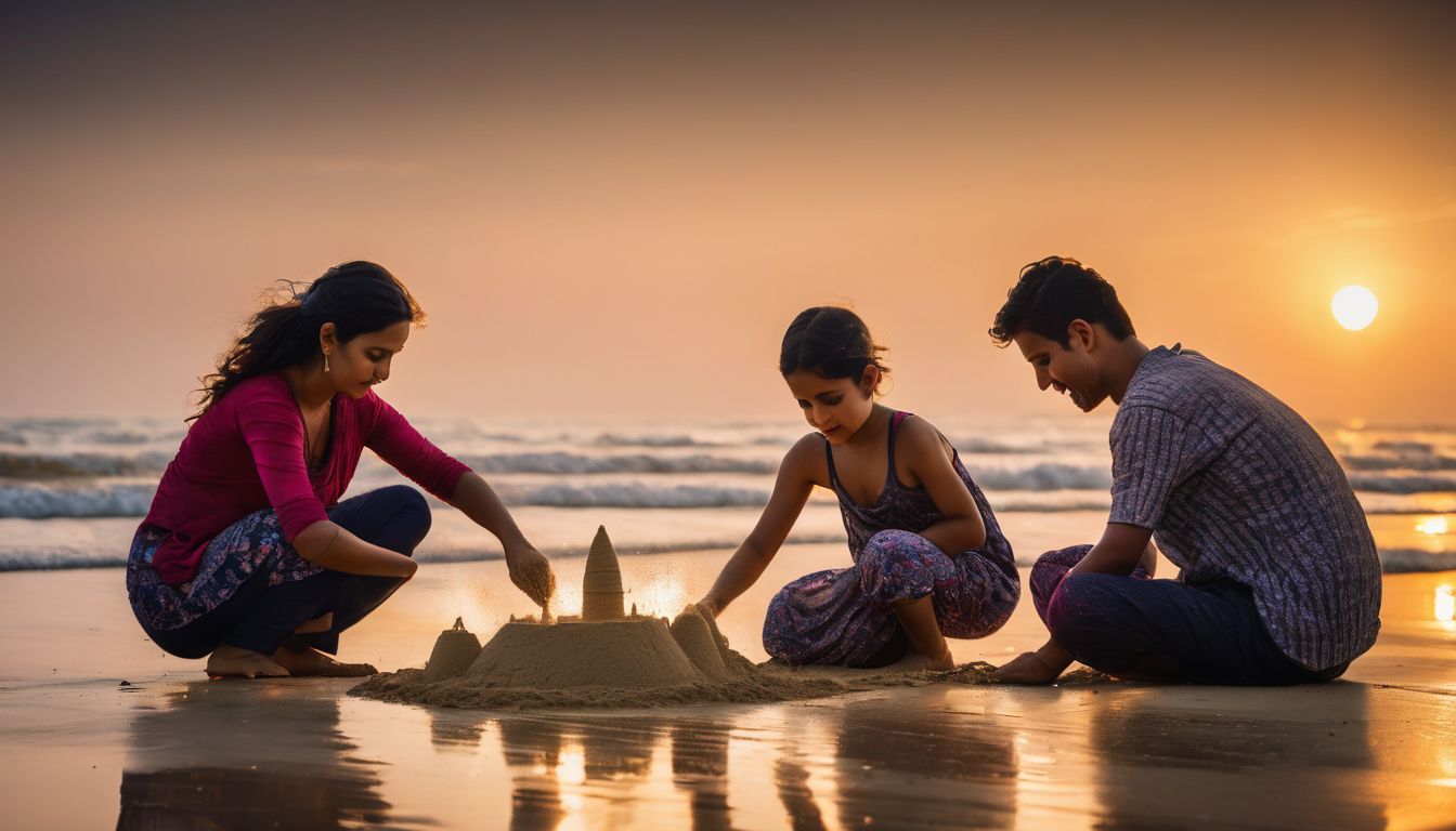 A family enjoys building sandcastles on Cox's Bazar Beach at sunset.