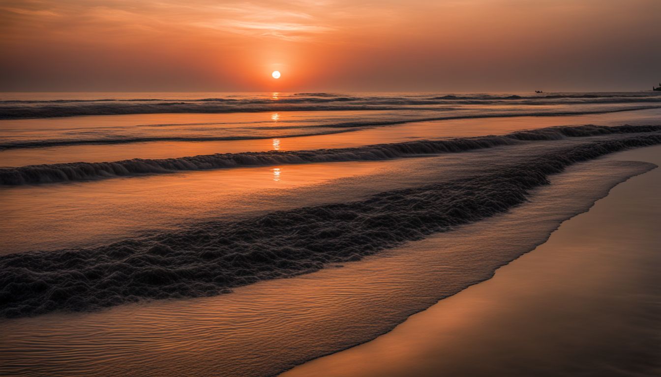 A stunning photograph of a sunset reflecting on the calm waters of Cox's Bazar Beach.