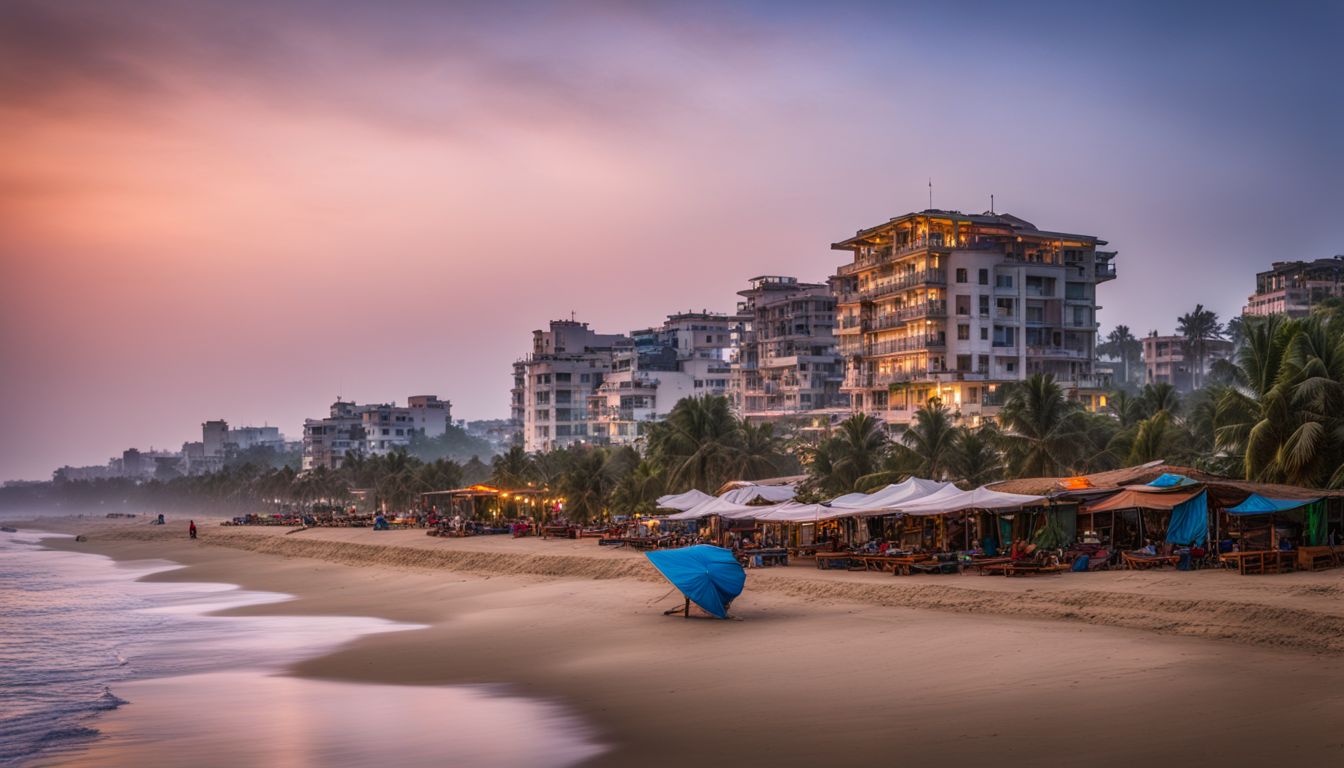 A scenic view of Cox's Bazar beach with hotels in the background, capturing the bustling atmosphere and stunning beauty of the area.