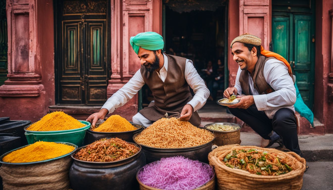 A street vendor selling mouthwatering biryani in front of a colorful colonial-style building in a bustling cityscape.