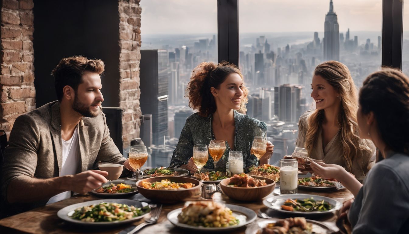 A diverse group of individuals from various cultures sharing a meal in a bustling cityscape.