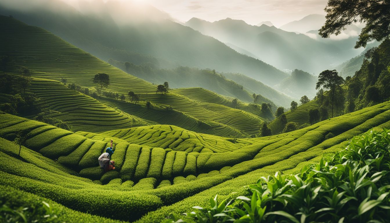 A breathtaking panoramic view of lush green tea gardens nestled amidst misty mountains.