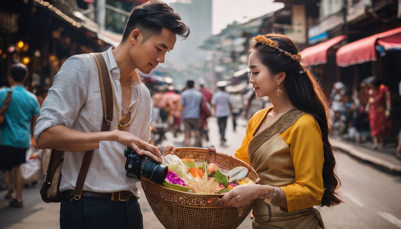 A photo capturing cultural exchange between a Thai and Western person against a vibrant city backdrop.