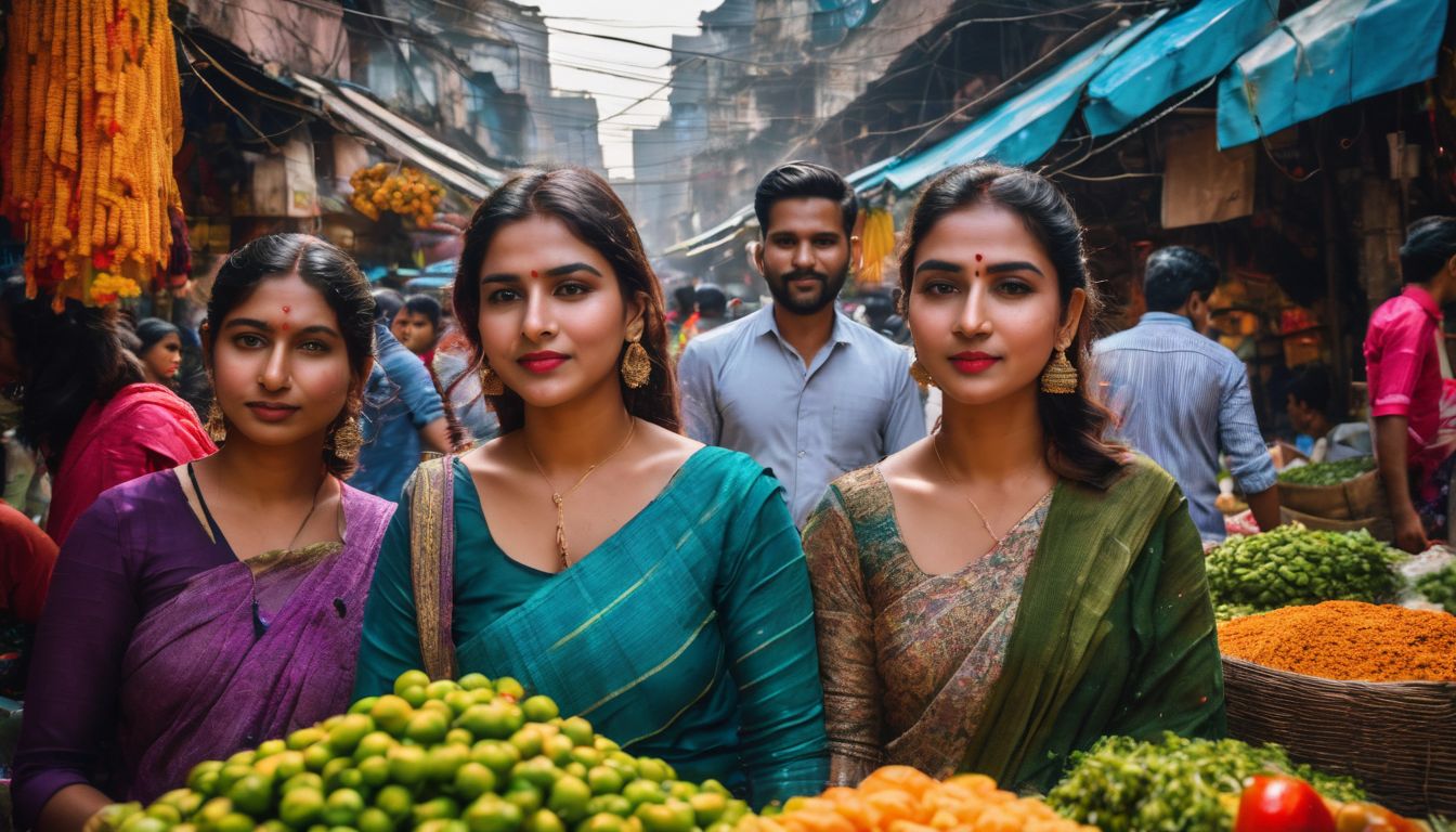A diverse group of friends explore a vibrant market in Dhaka, capturing the bustling atmosphere and colorful scenery.