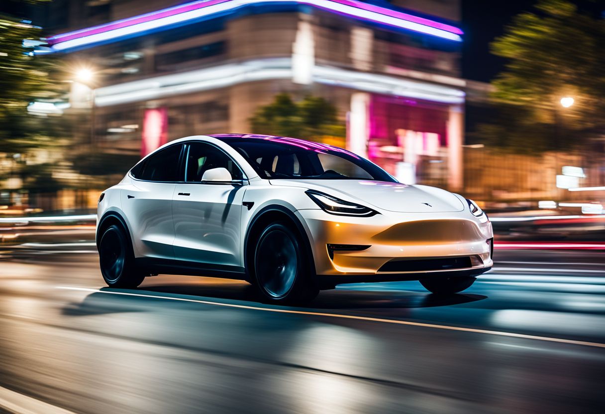 A Tesla Model Y driving through a futuristic cityscape at night.