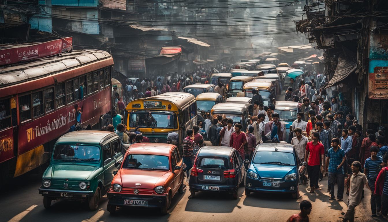 A busy and diverse cityscape during rush hour in Dhaka, Bangladesh.