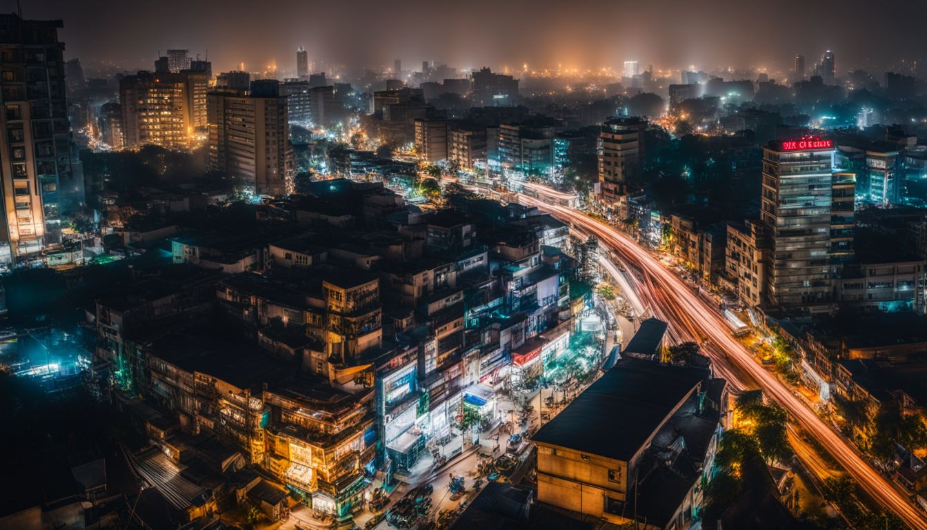 A vibrant nighttime cityscape of Dhaka featuring a diverse array of people and bustling traffic.