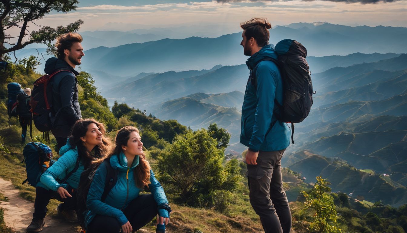 A group of hikers enjoys a panoramic view of Nagarkot, showcasing diverse faces, outfits, and hairstyles.