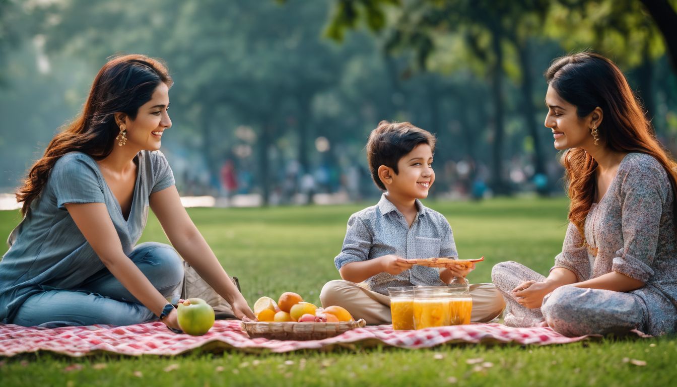 A joyful family enjoys a picnic in Dhanmondi Lake Park, captured in a vibrant and cinematic photograph.