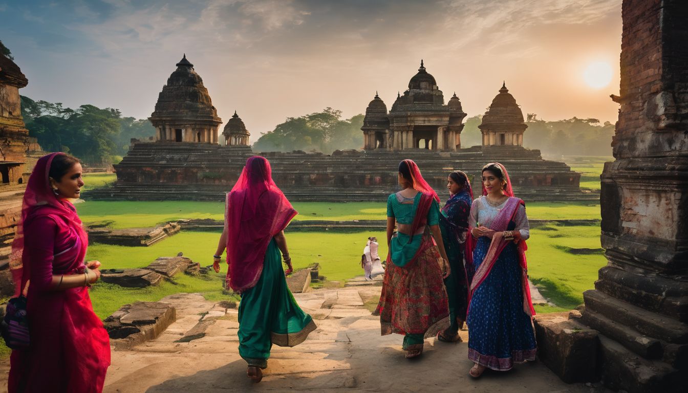 A diverse group of tourists explores ancient ruins in traditional Bangladeshi attire.