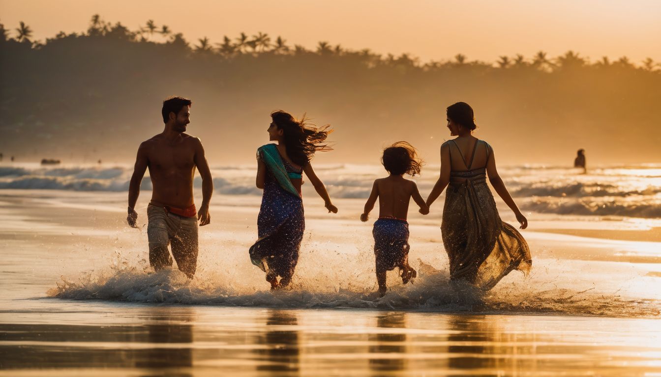 A joyful family of four enjoys a day at Cox's Bazar beach, capturing the moment with a DSLR camera.