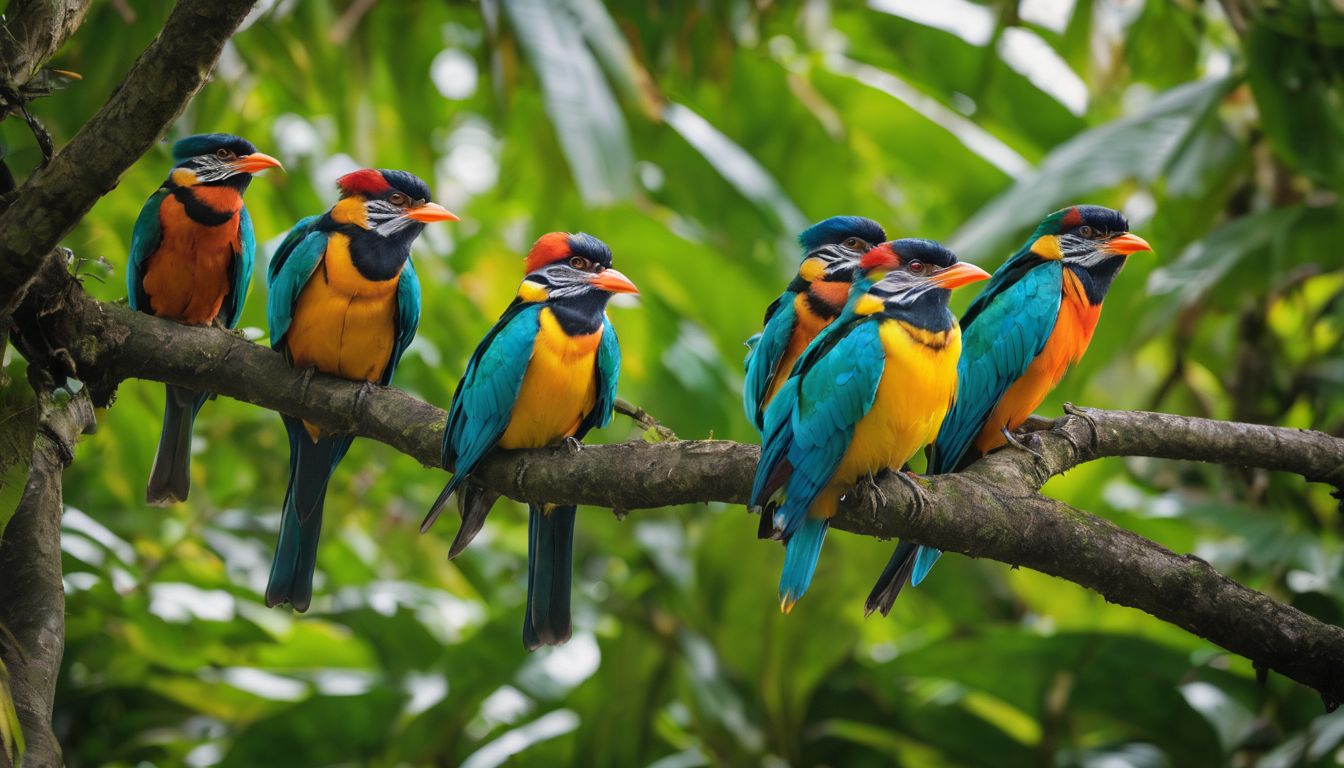 A diverse group of colorful birds perched on lush trees in the Sundarbans.