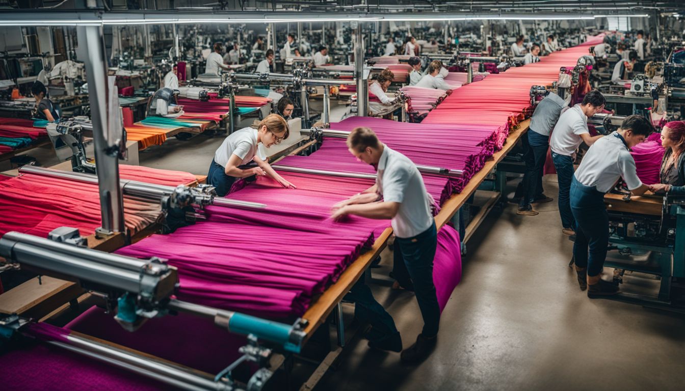 A busy textile factory with workers handling vibrant fabrics in a well-lit environment.