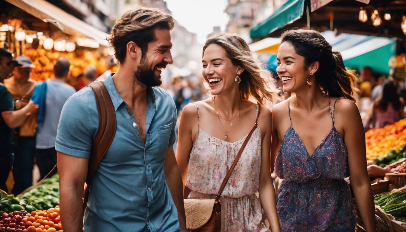 A diverse group of friends laughing and walking through a colorful market.
