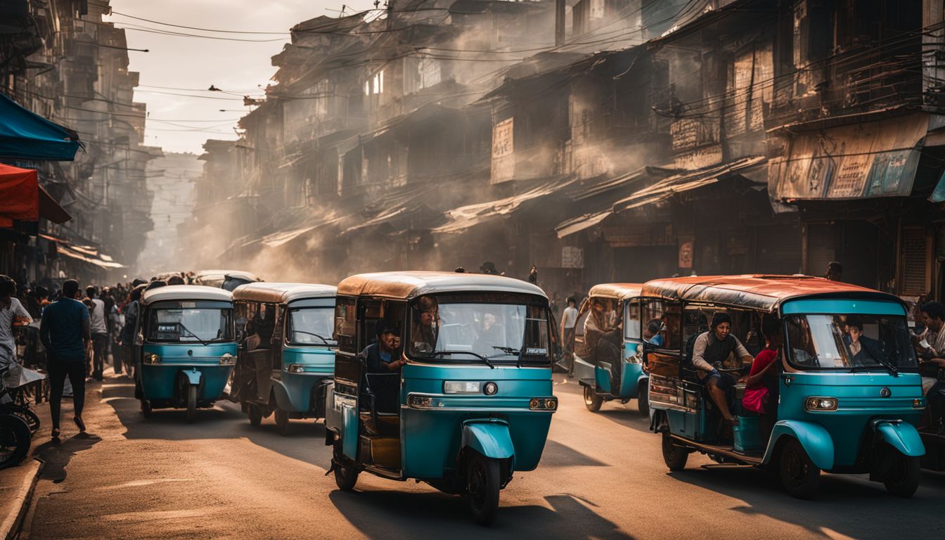 A crowded city street with multiple tuk-tuks emitting smoke, bustling with people of diverse appearances, captured in a well-lit and cinematic style.