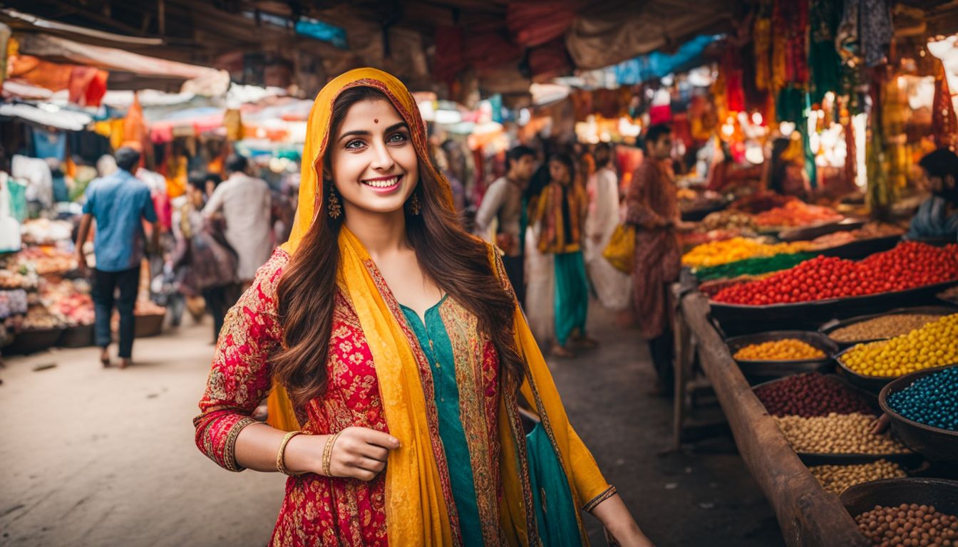 A young woman wearing a colorful salwar kameez walks through a bustling market, showcasing diverse faces and outfits.