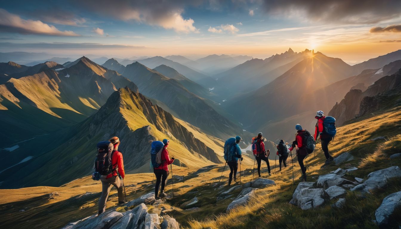 A diverse group of hikers conquering a mountain peak with breathtaking scenery in the background.