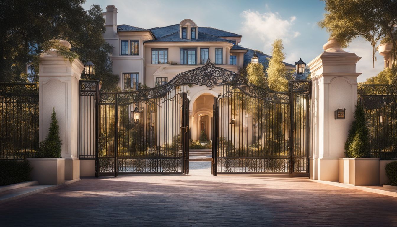 A gated entrance to a luxurious residential community with high-tech security systems and a bustling atmosphere.
