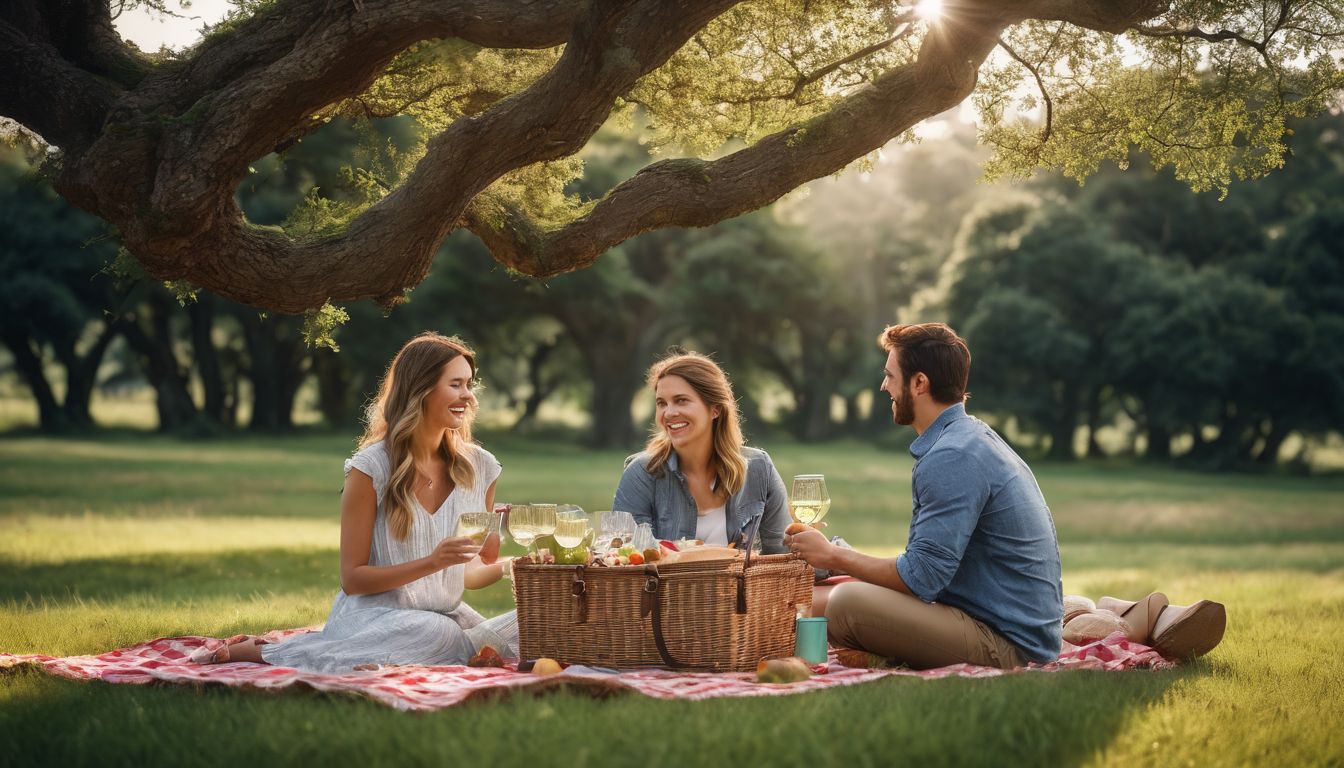 A family enjoys a picnic beneath a majestic oak tree, surrounded by lush green grass.