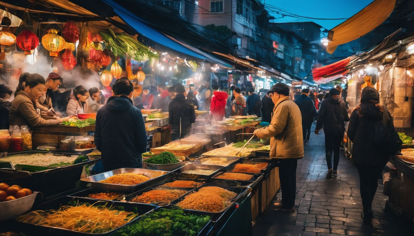 A lively street food market offering a variety of traditional Vietnamese cuisine, captured in a vibrant and bustling cityscape photograph.