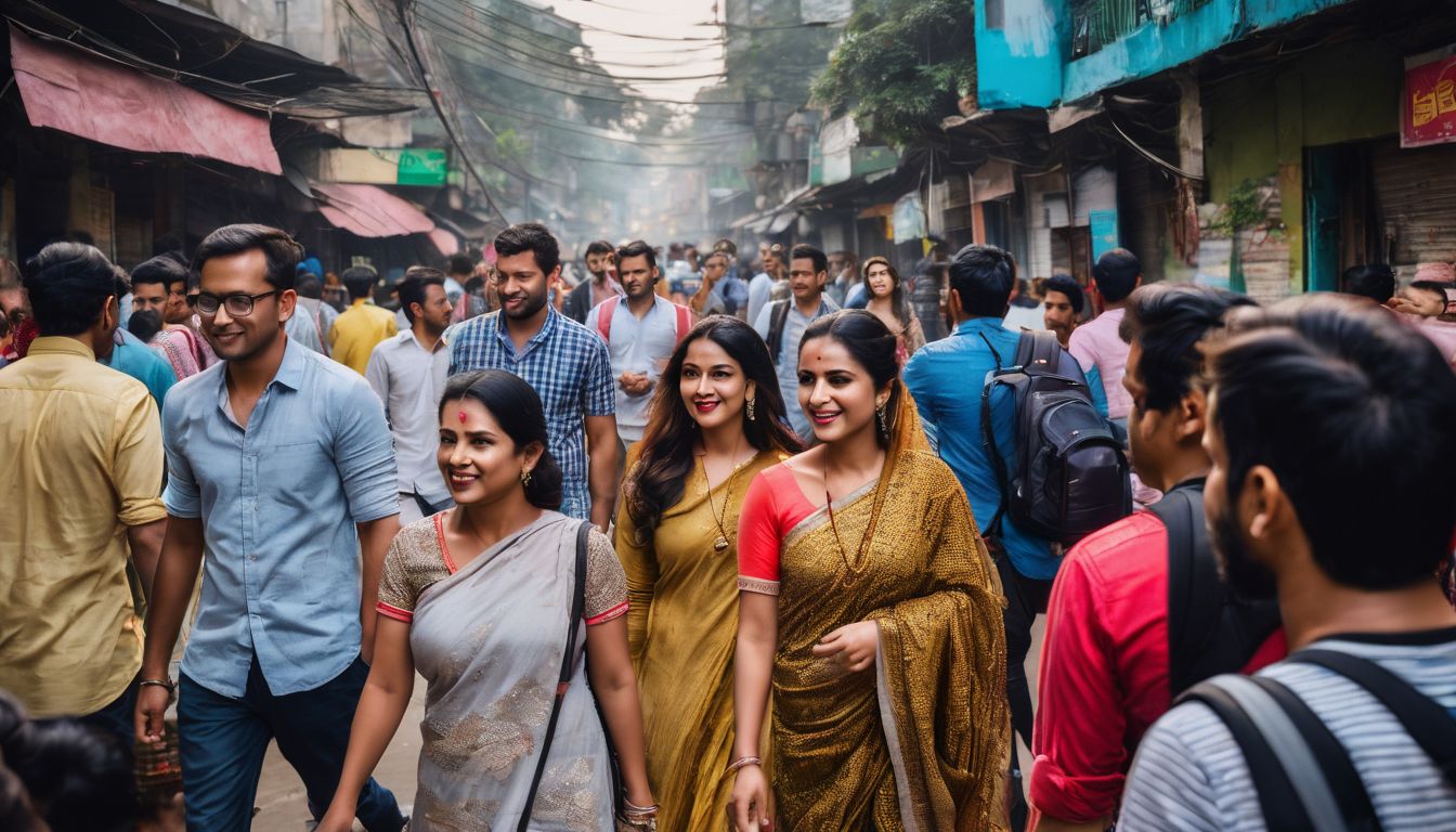 A diverse group of tourists exploring the bustling streets of Dhaka.