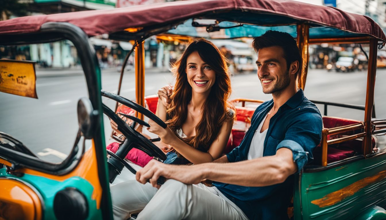 A couple explores the vibrant streets of Bangkok riding a colorful tuk-tuk.