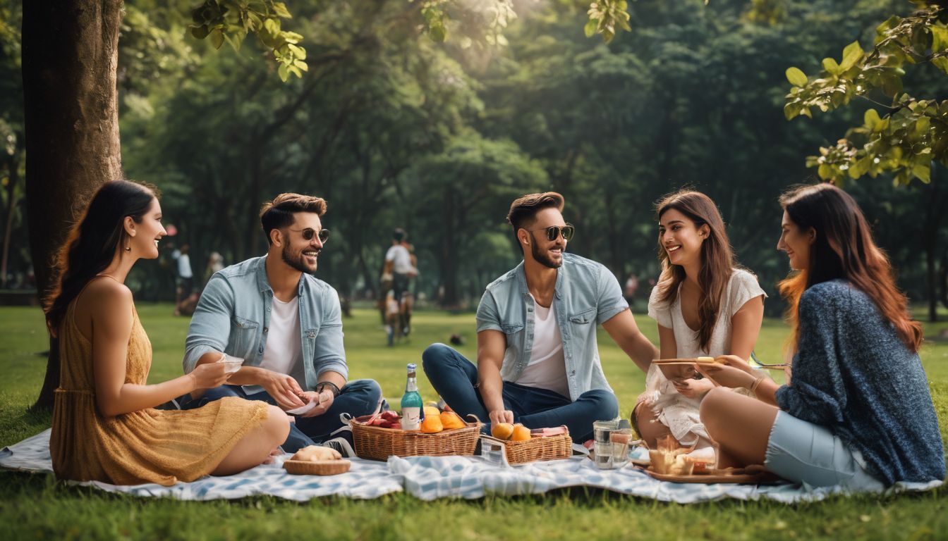 A diverse group of friends having a picnic in a beautiful park surrounded by nature.