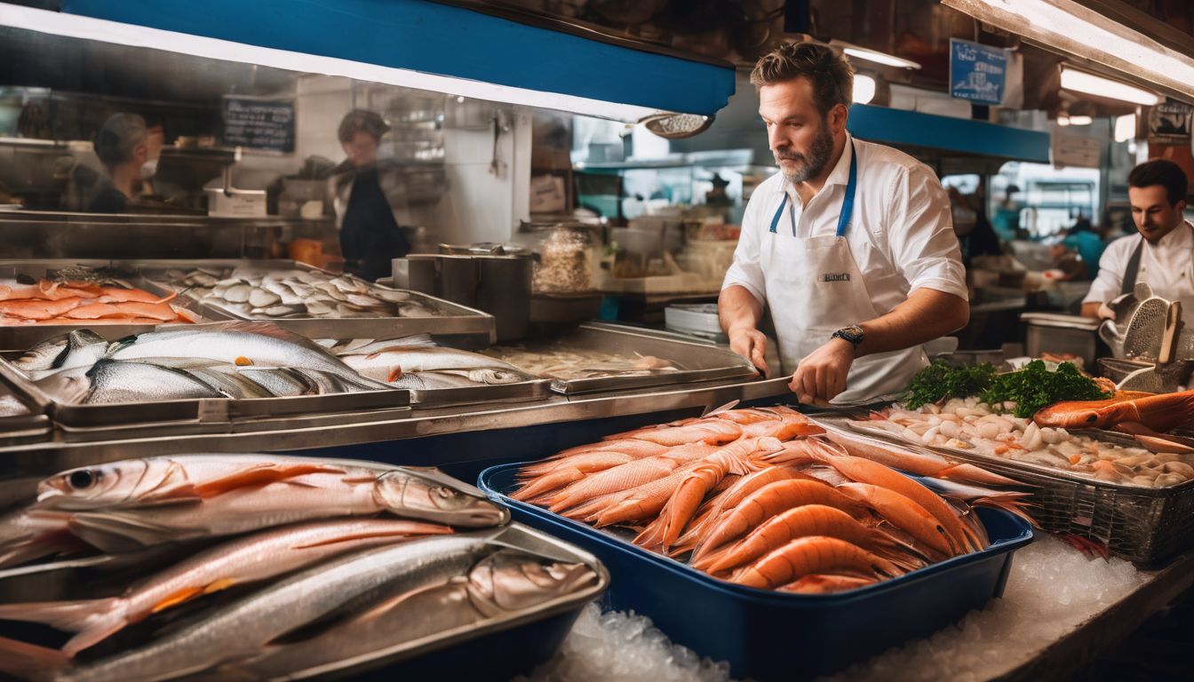 A fishmonger showcases a variety of fresh seafood at a bustling fish market.