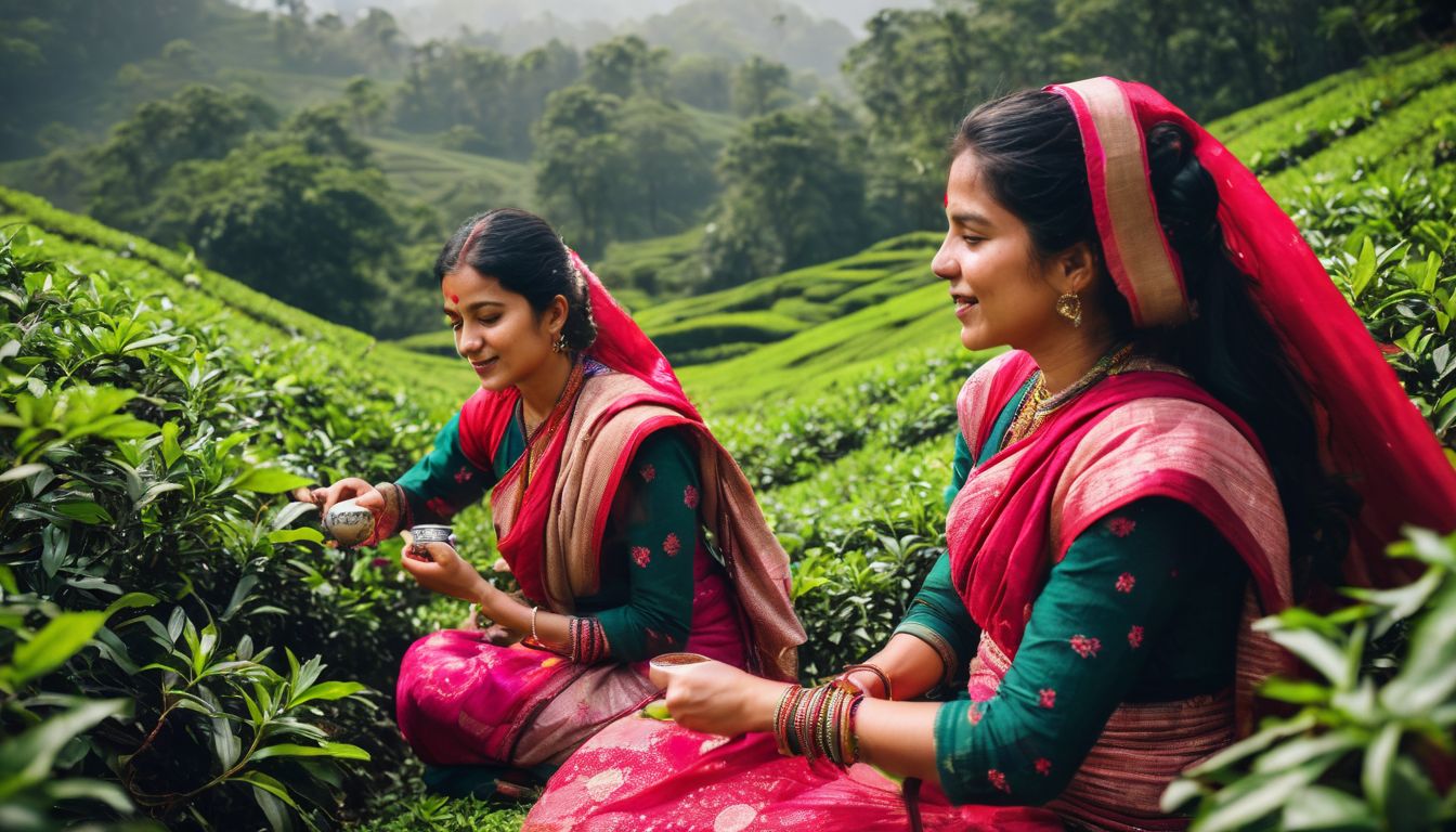 A group of women in traditional clothing picking tea leaves in a Sylhet tea garden.
