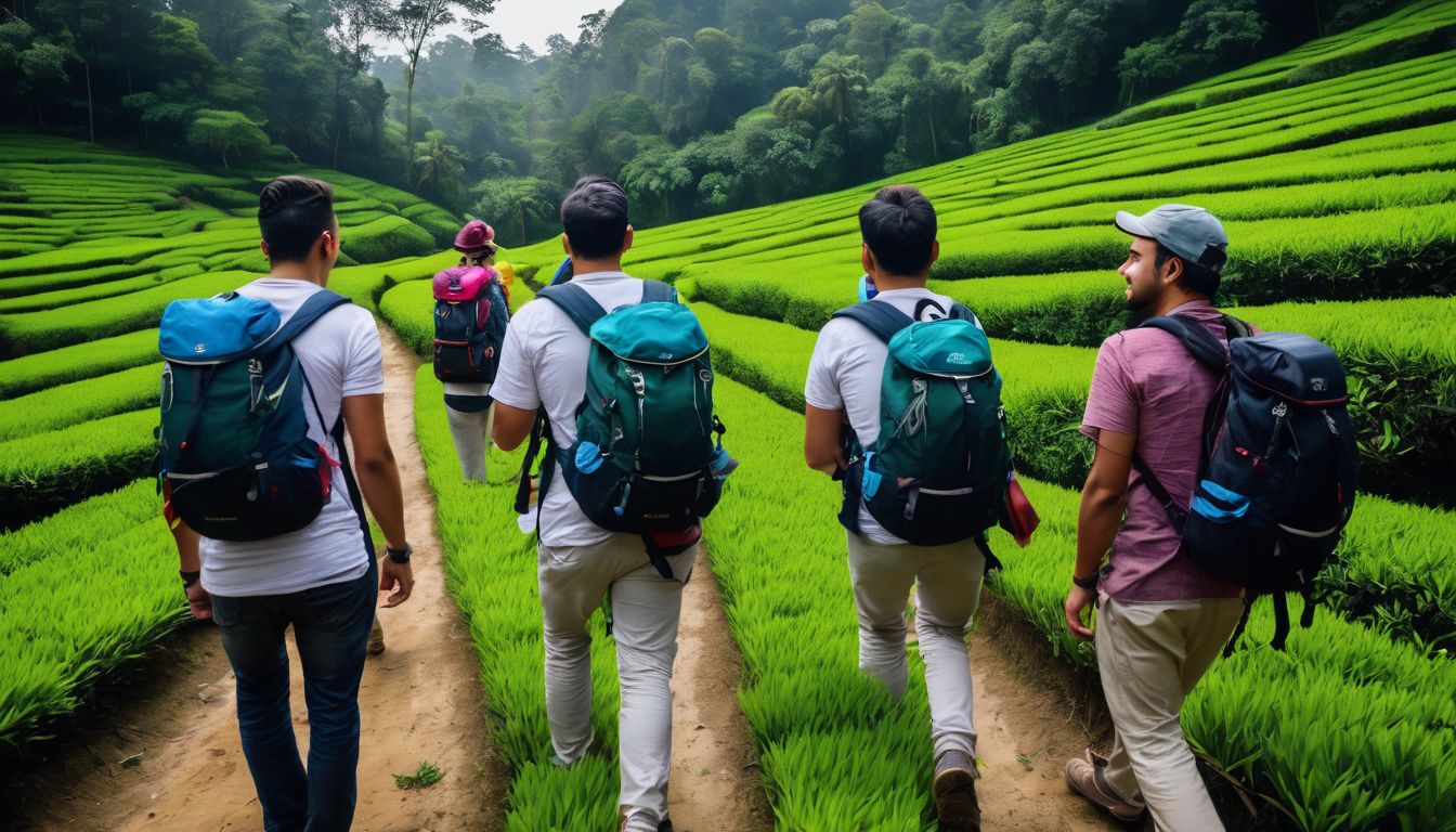 A group of enthusiastic tourists explore the lush green tea gardens in Sylhet.