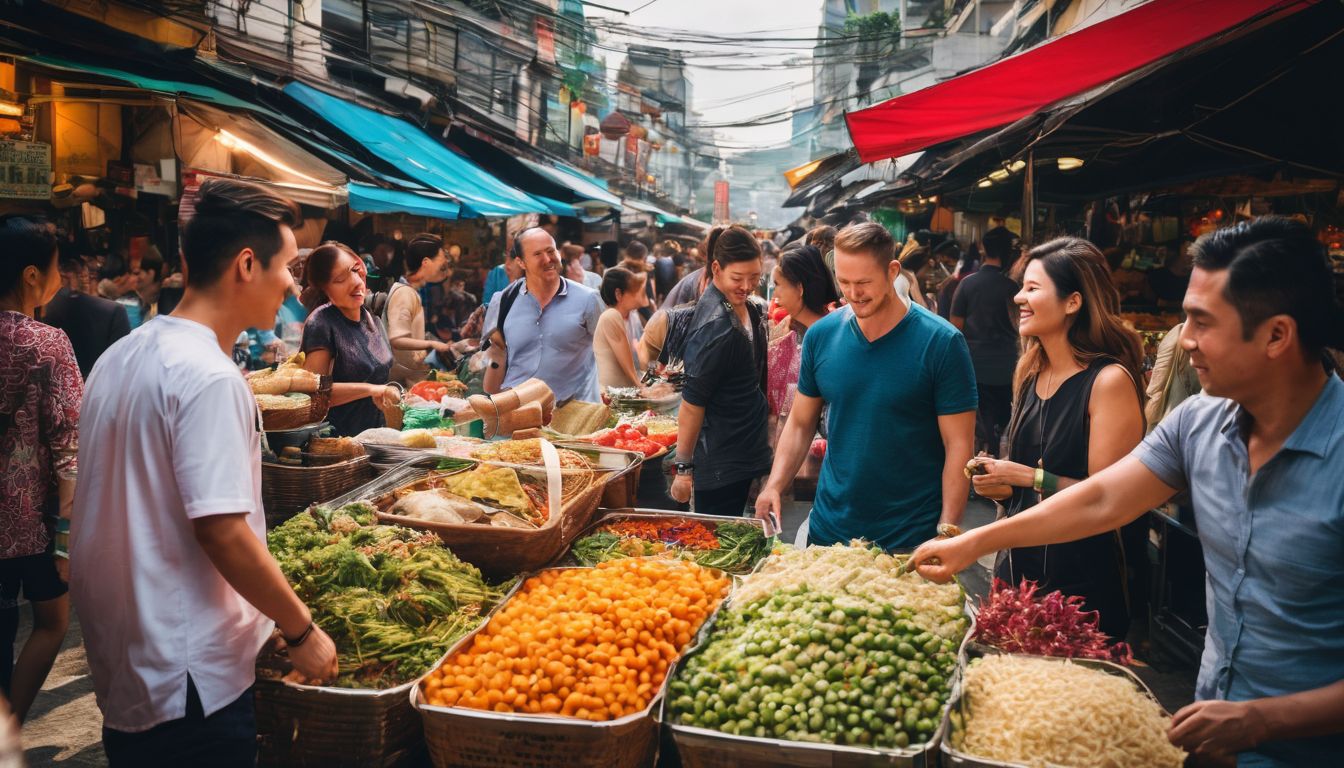A diverse group of people enjoying a lively street market in a bustling Thai city.