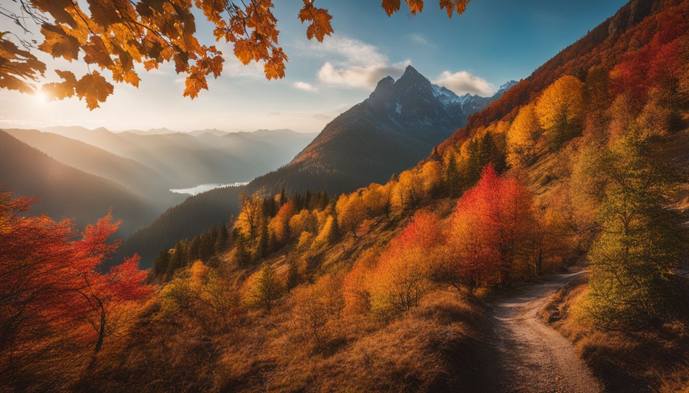 A stunning mountain landscape with a winding hiking trail, colorful foliage, and a bustling atmosphere.