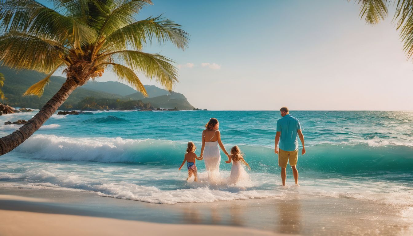A happy family enjoys playing in the clear blue ocean surrounded by palm trees.