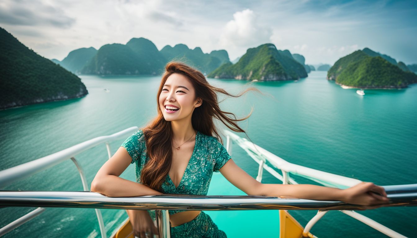 A high-speed ferry sails through turquoise waters along the lush Vietnamese coastline, capturing the bustling atmosphere and crystal clear beauty.