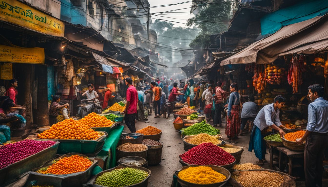 A vibrant street scene in Dhaka filled with colorful vendors and bustling activity.