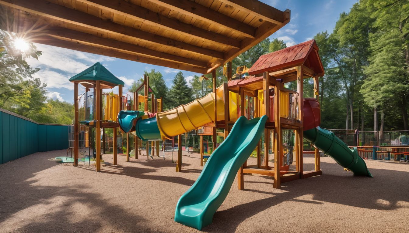 A vibrant and diverse children's play area with slides, swings, and a climbing wall.