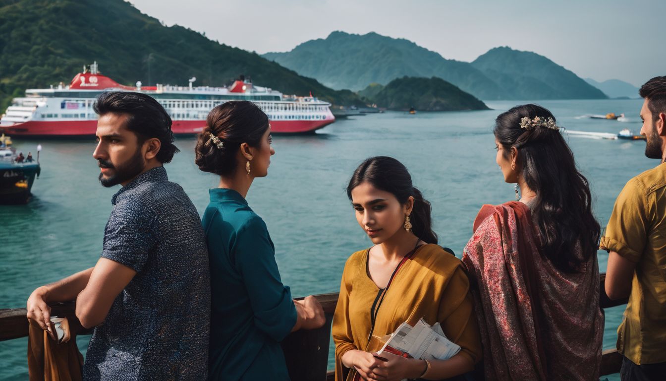 A diverse group of travelers wait at Nadan pier with ferry boats in the background.