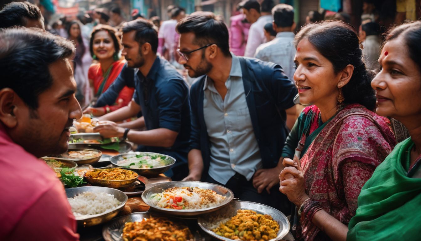 A diverse group enjoys a food tour in Dhaka, surrounded by delicious local dishes.