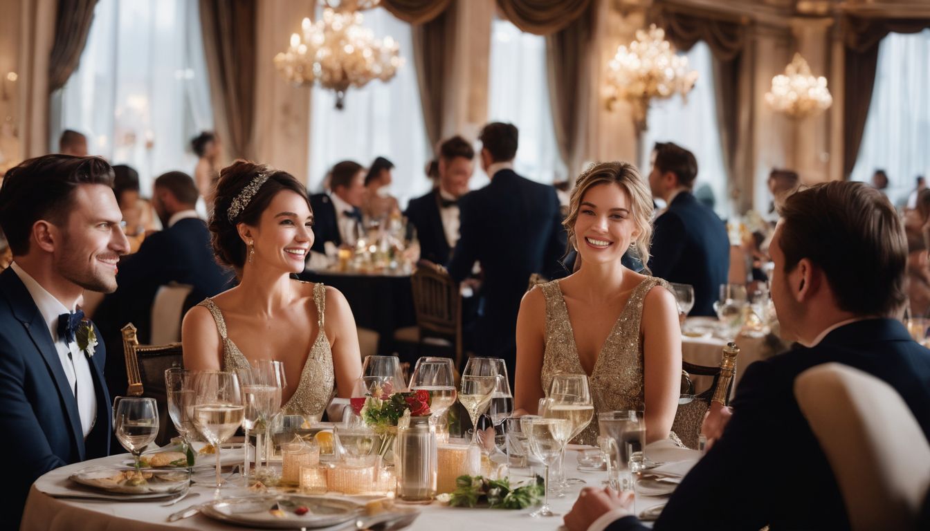 A group of elegantly dressed individuals socializing at a glamorous banquet.