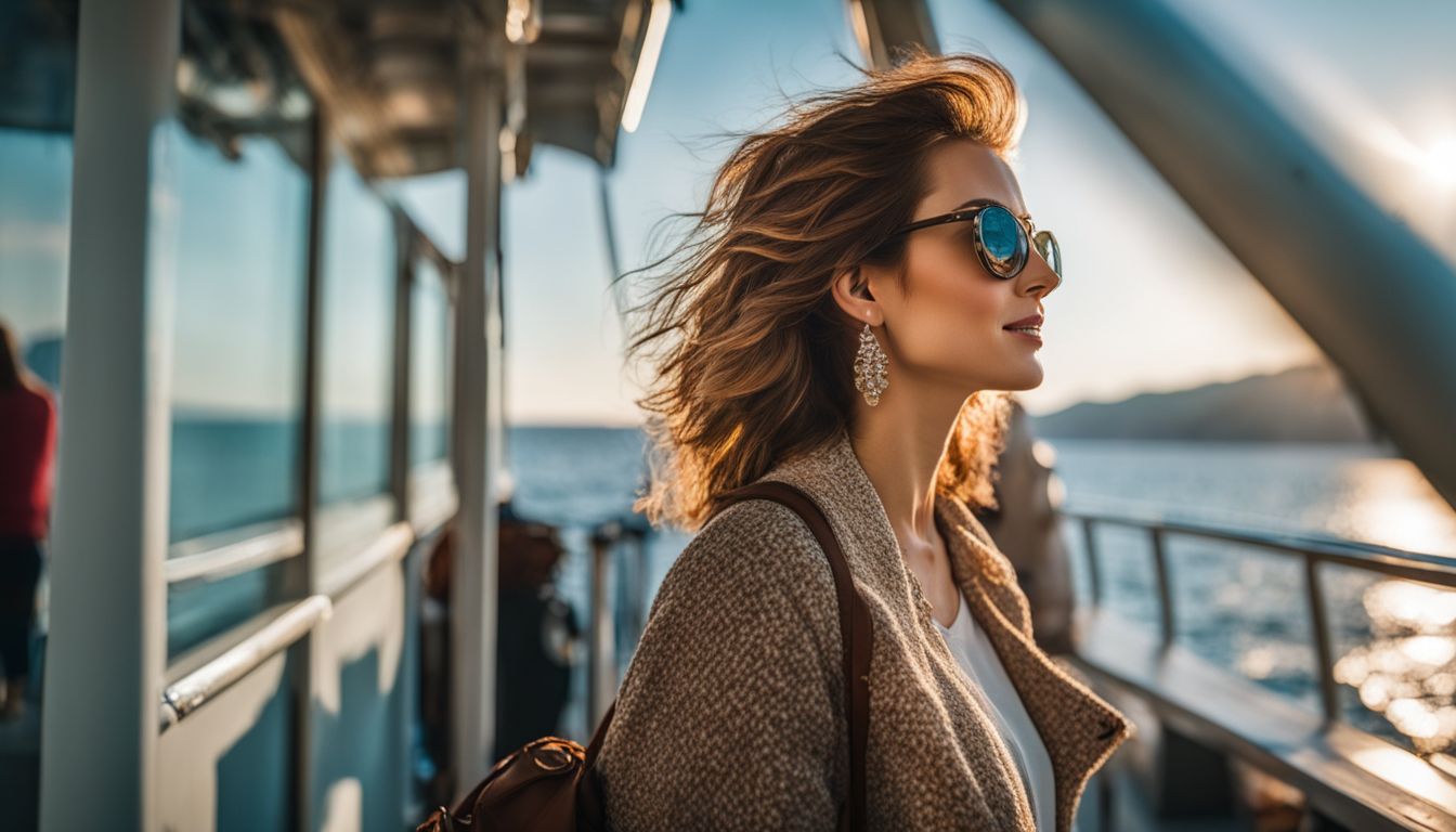 A woman enjoys the scenic view from a ferry deck in a bustling atmosphere.