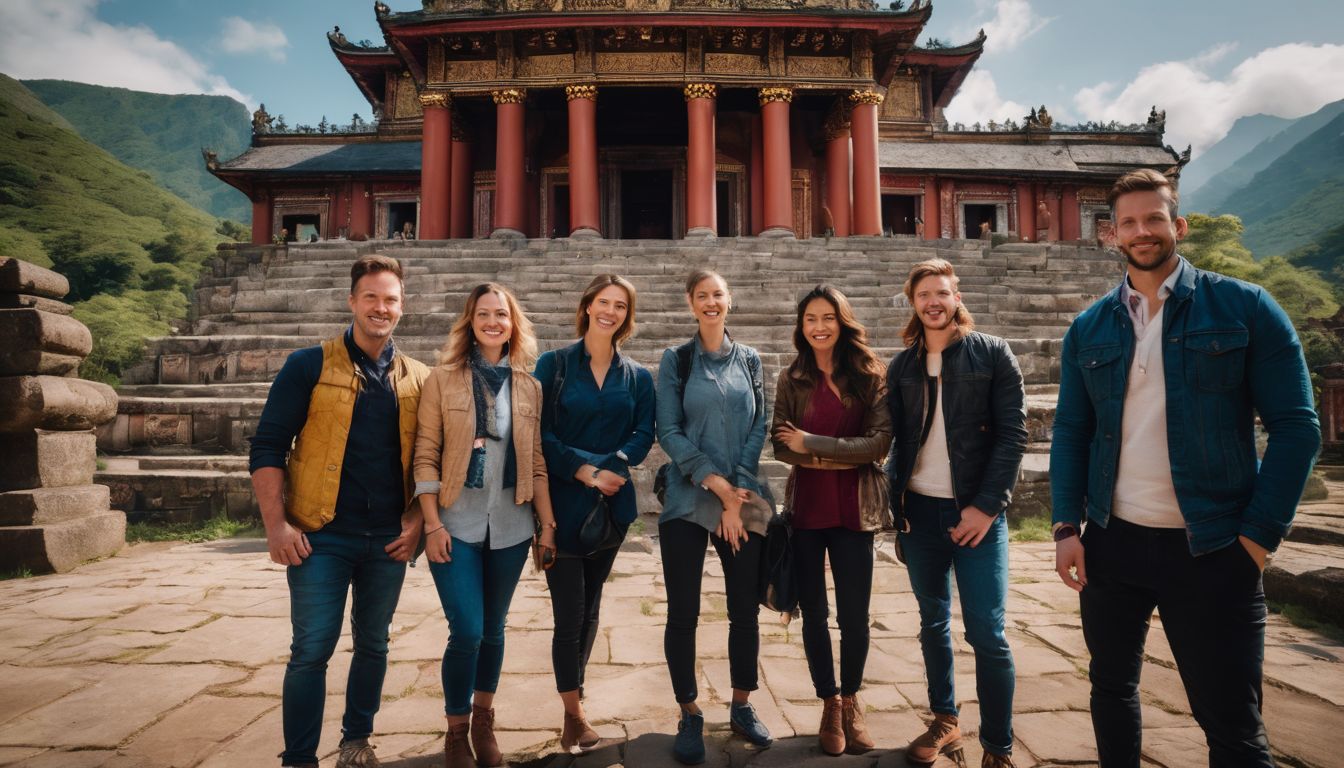 A diverse group of tourists poses in front of a historic temple, captured in amazing detail and clarity.