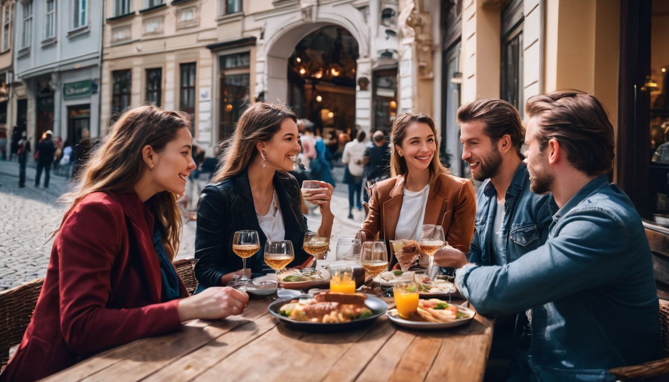 A diverse group of travelers enjoying a meal at an outdoor café in Vienna.