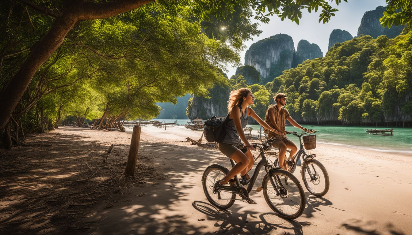 A couple rides bicycles on scenic paths along Railay Beach, capturing the bustling atmosphere with their cameras.
