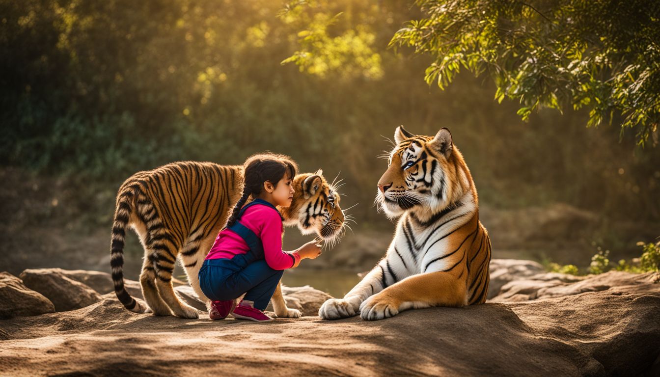 A child observes a Royal Bengal Tiger in its natural habitat, captured by a professional wildlife photographer.