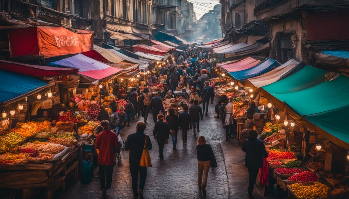 A vibrant street market with colorful stalls and bustling crowds captured in a vivid and energetic photograph.